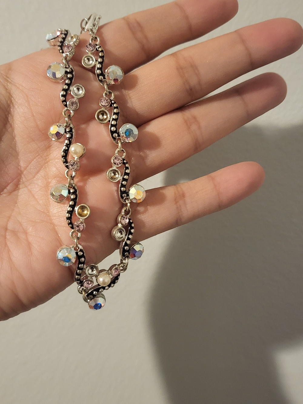 Iridescent Crystal and Pearl Accent Necklace - Silver Tone